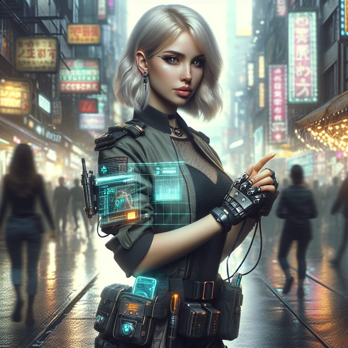 Blonde Netrunner Woman in Cyberpunk Cityscape