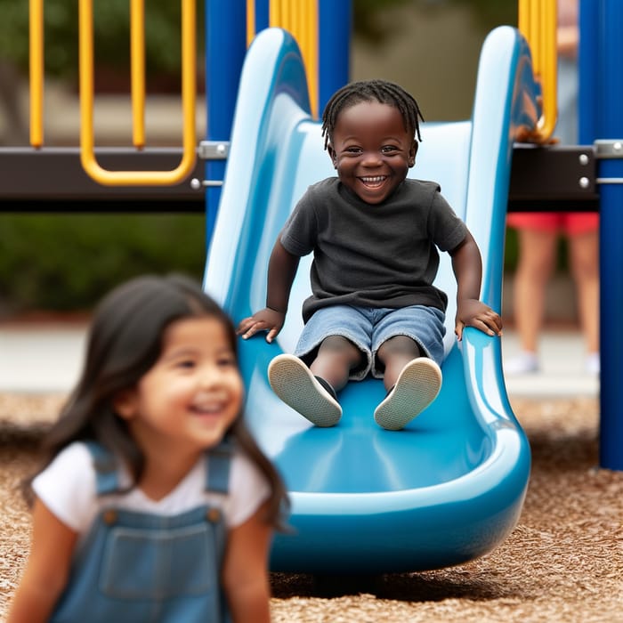 Young Black Kindergarten Boy Enjoying Slide With Patient Latino Girl
