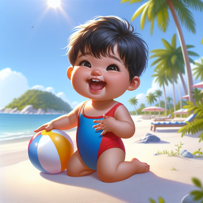 Vibrant South Asian Toddler in Red & Blue Swimsuit Playing on Sunny Beach