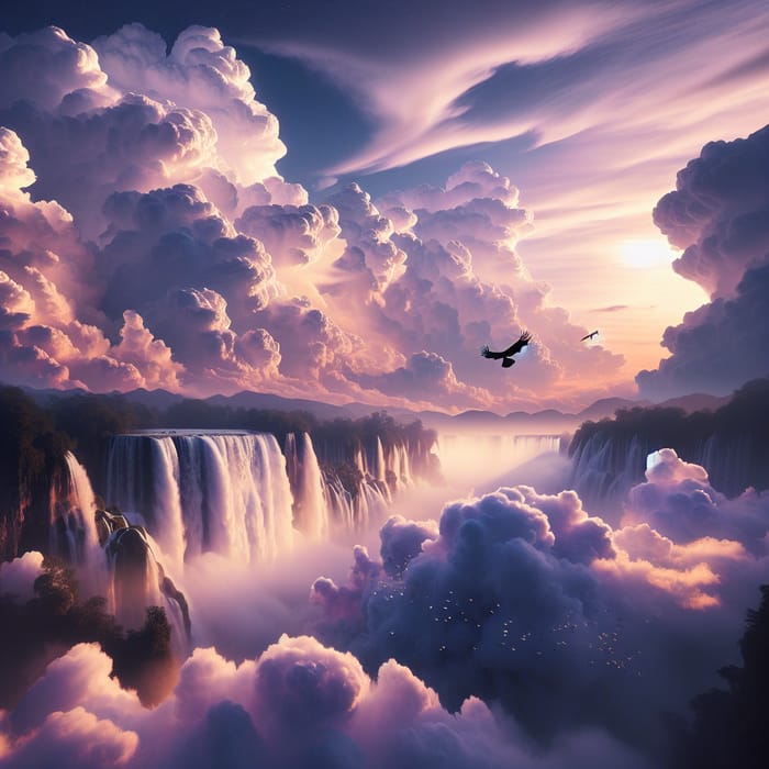 Panoramic Sky with Majestic Waterfall and Bird in Nature