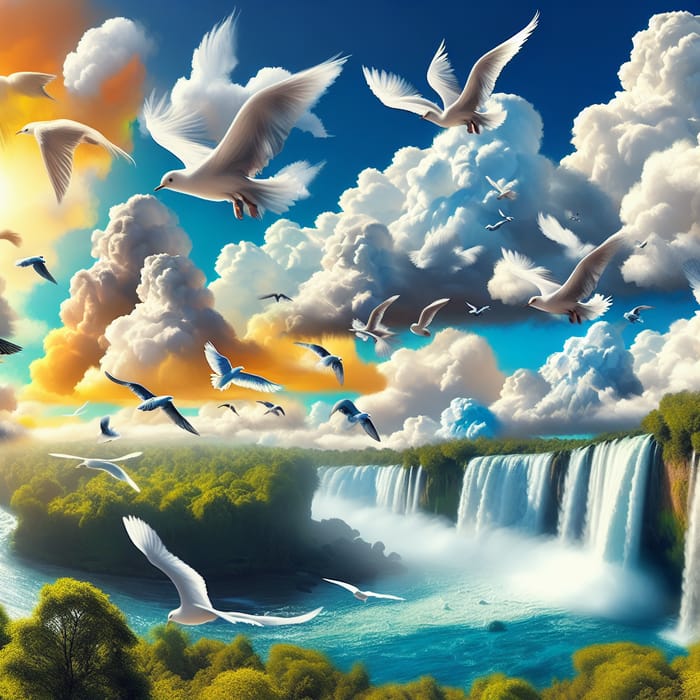 Graceful Birds Soaring Above a Cascading Waterfall in Vibrant Sky