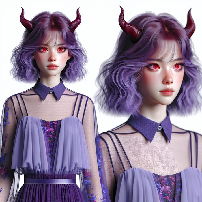 Mystical Female Character with Purple Hair, Red Eyes, and Horns