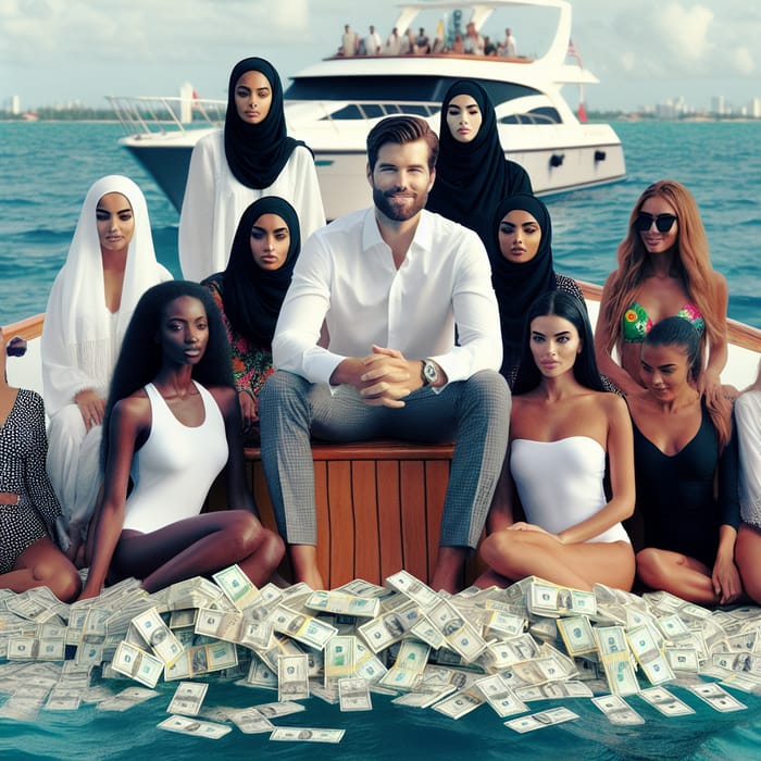 Wealthy Man on Expensive Yacht Surrounded by Cash and Beautiful Women