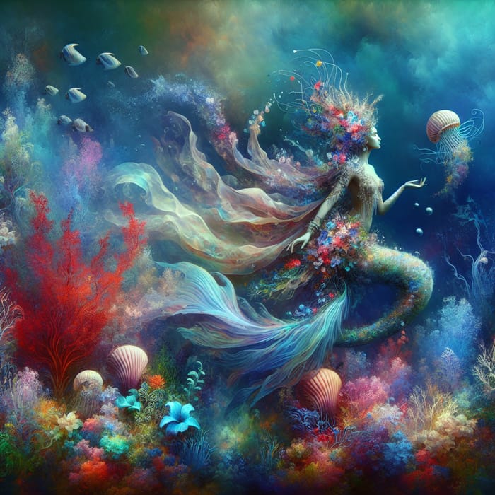 Surreal Underwater Mermaid Amid Colorful Marine Fantasy