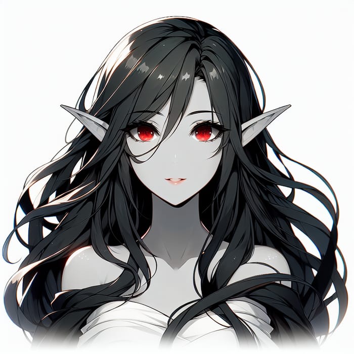 Ethereal Grey-Skinned Elf Woman with Ruby Red Eyes