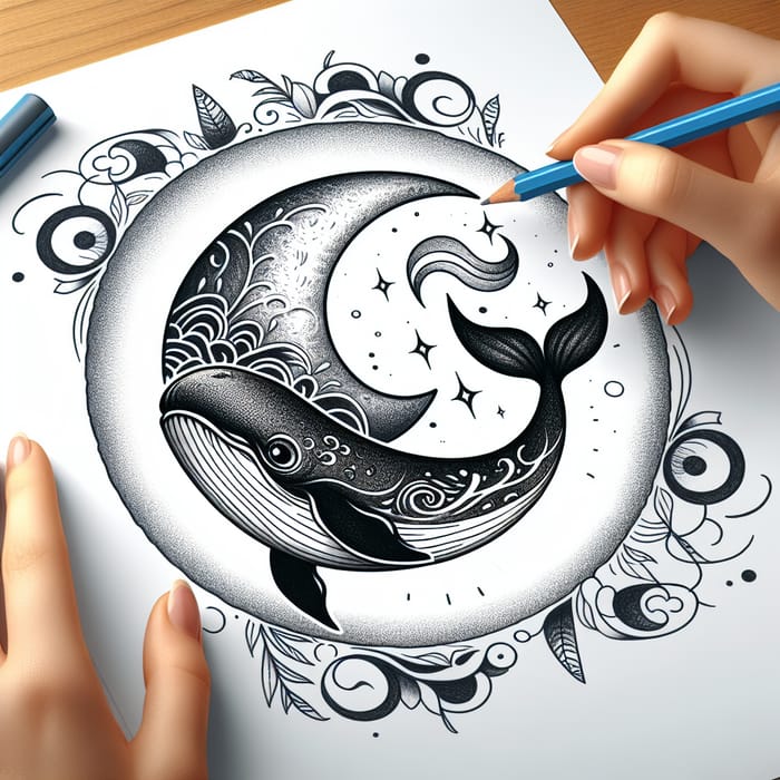 Crescent Moon and Whale Tattoo Sketch