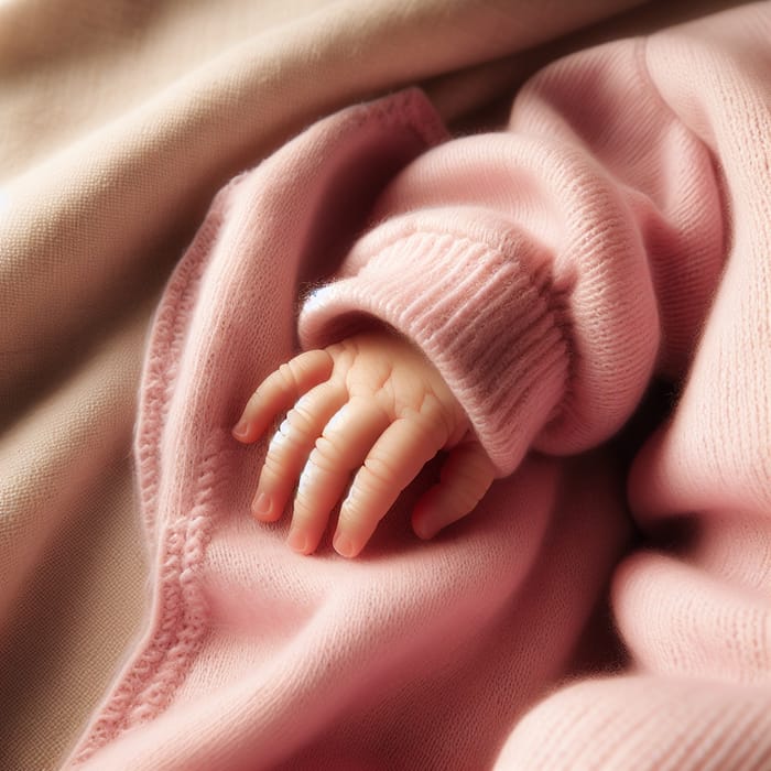 Delicate Newborn Baby Hand in Pink Clothing on Soft Beige Background