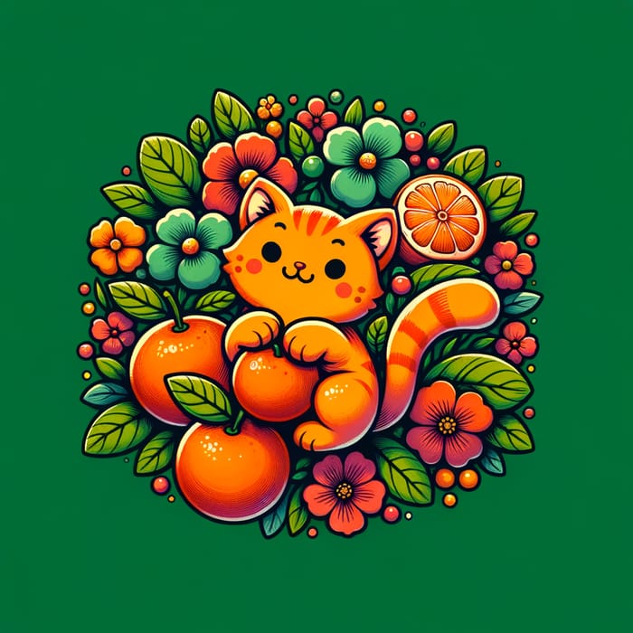 Charming Orange Cartoon Cat with Tangerines and Flowers