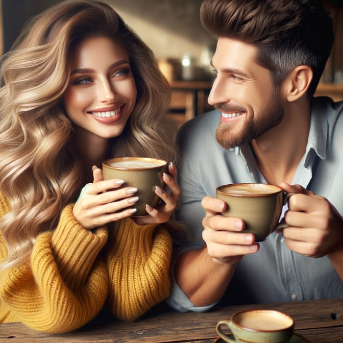 Happy Caucasian Couple Drinking Coffee from Oversized Mugs
