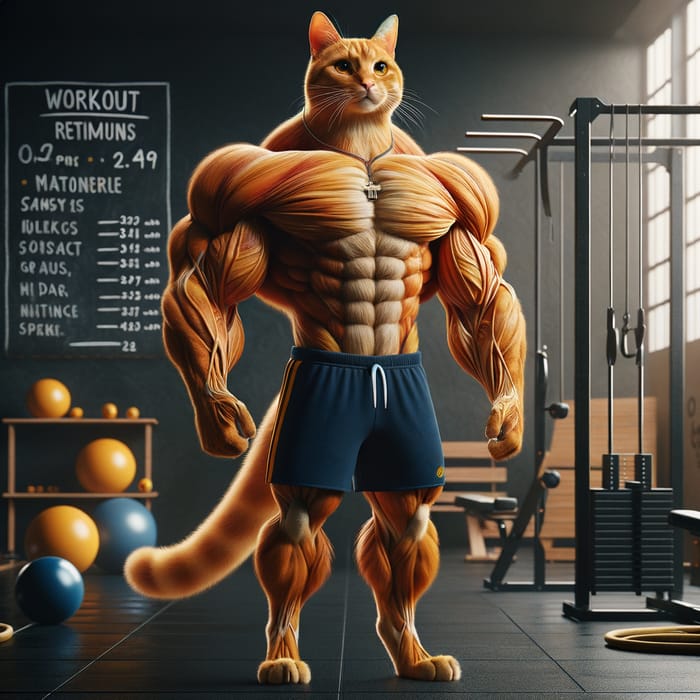 Orange Bodybuilder Cat Scene - Impressive Feline Gym Display