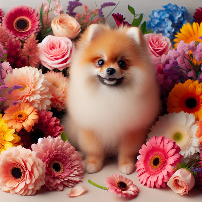 Fluffy Pomeranian Dog in Colorful Flowers