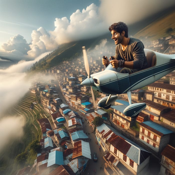 Man Flying Over Picturesque Town | Sky Adventure
