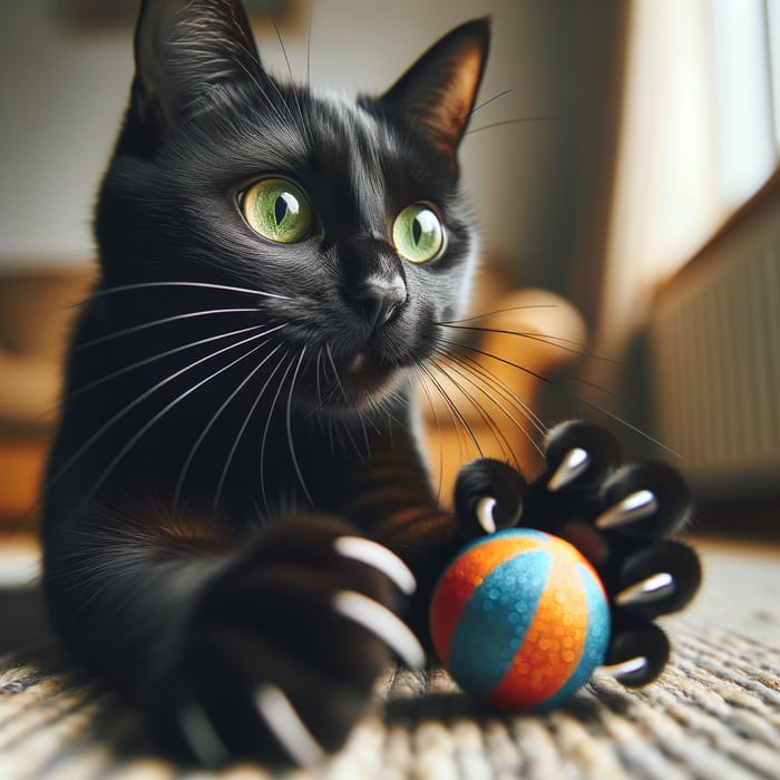 Playful Black Cat Playing Ball | Enthusiastic Toy Fun