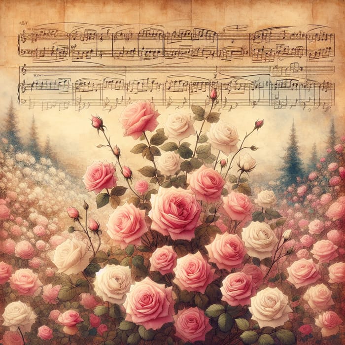Rose Pink Flowers in Various Tones on Vintage Score Background