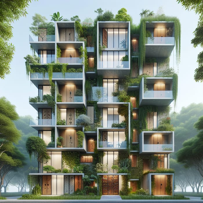 Unique Five-Floor Building Design with Greenery and Door Concept
