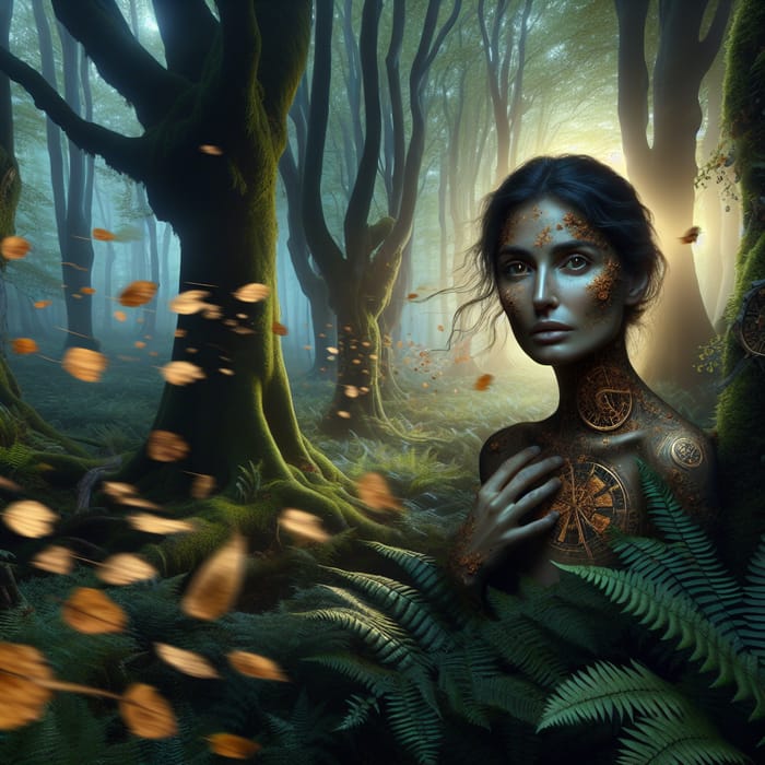 Ethereal Forest: Time-Entrapped Woman in Mystical Woodland