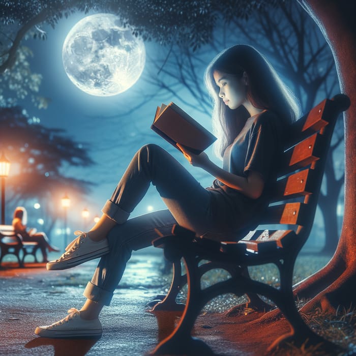 Girl Reading Book on Park Bench at Night
