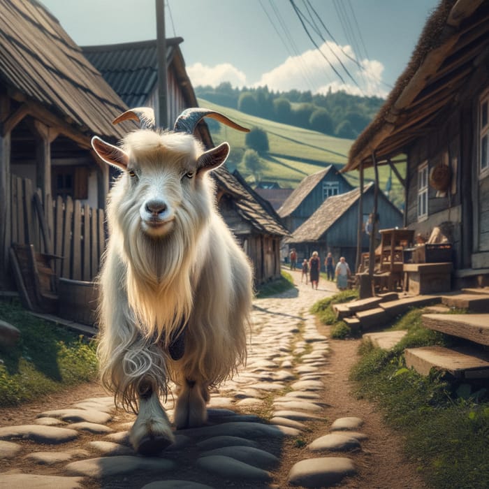 White Goat Walking in Serene Village Setting