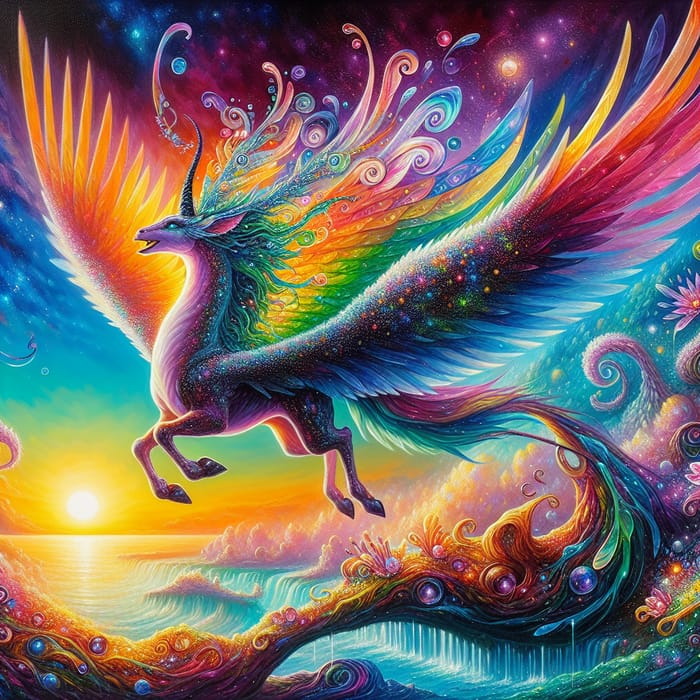 Whimsical Fantasy Landscape with Mythical Creature and Iridescent Wings