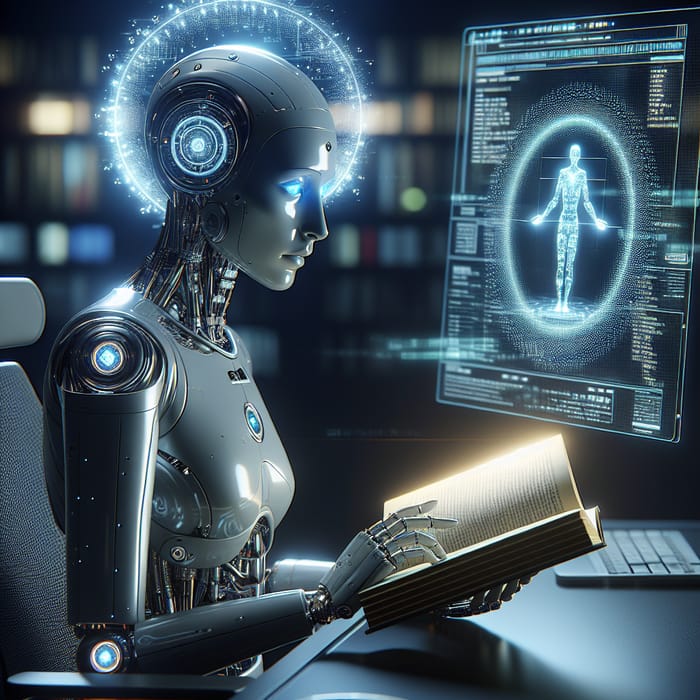 Artificial Intelligence Engrossed in Book - Serene Futuristic Scene
