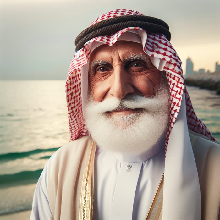 Senior Man in Gulf Attire with Sea Background