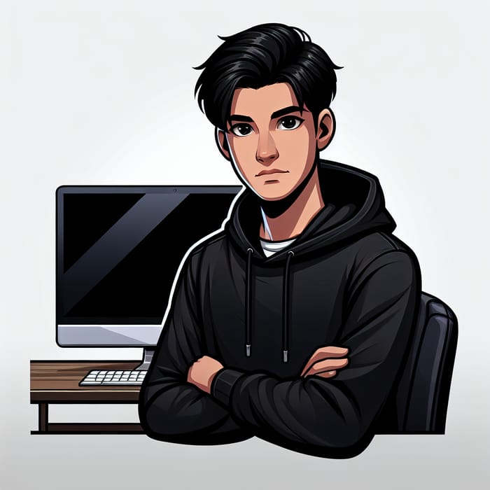 Modern Black-Haired Male Cartoon Character at Desk
