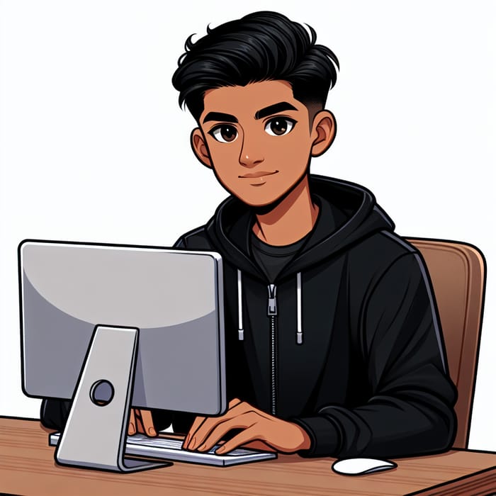 Modern Cartoon Character at Desk with Computer | Stylish Black Hoodie Look