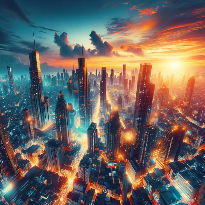 Vibrant Cyberpunk Cityscape Dusk - Energy & Colors in Aerial Shot