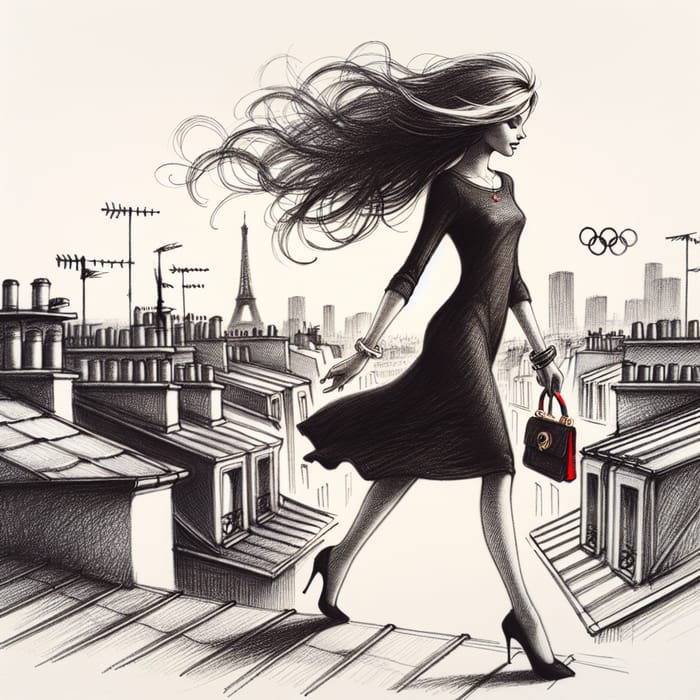 Feminine Parisian Walking on Rooftop | Red Handbag and Black Dress Sketch