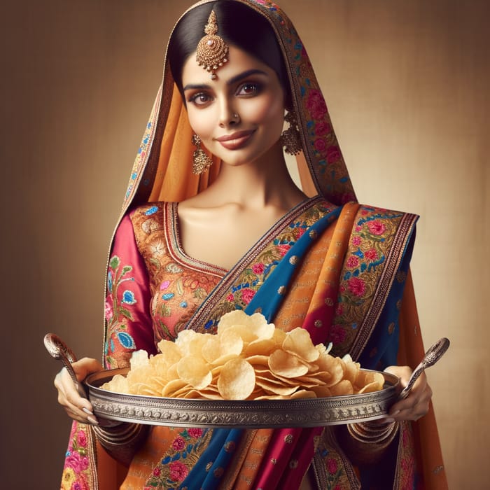 Elegant Indian Woman Serving Crispy Papads | Traditional Attire