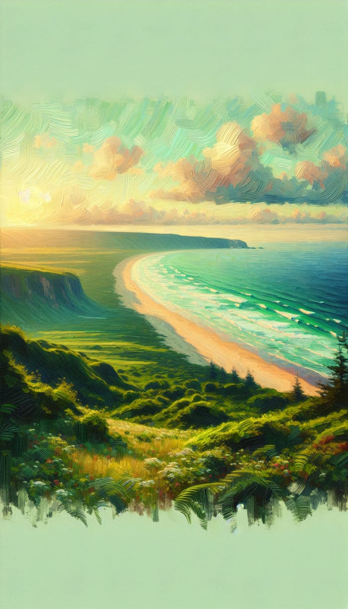 Tranquil Coastal Terrain Bathed in Dawn's Radiance | Digital Painting