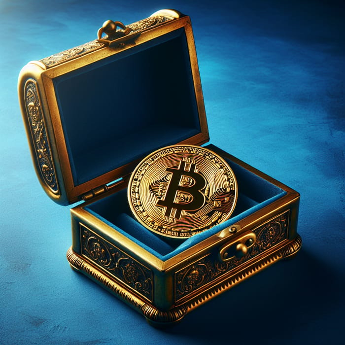 Open Gold Antique Casket with Bitcoin Coin on Blue Background