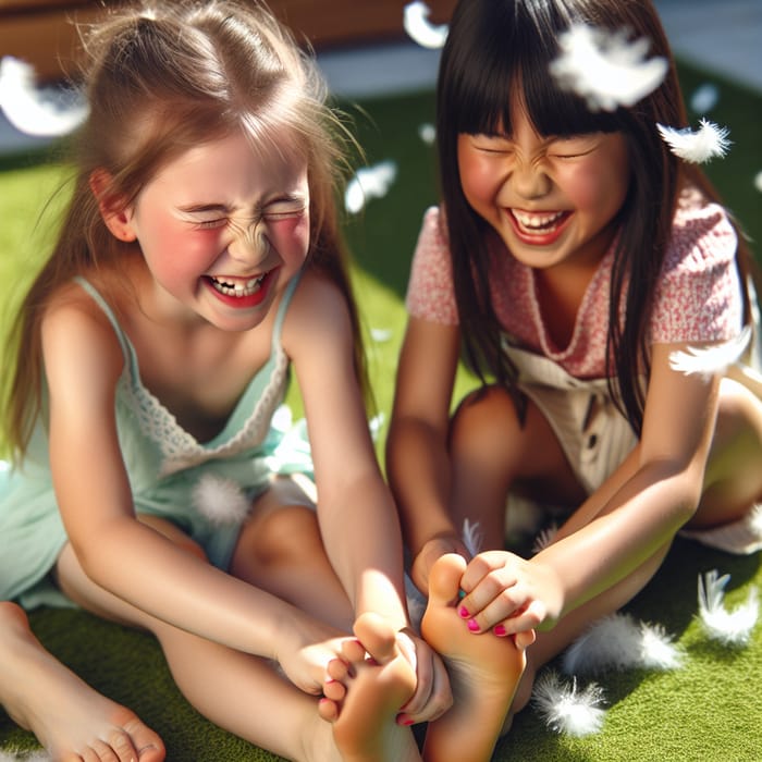 Playful Girls Giggle: Tickle Fun on Green Grass