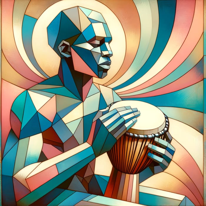 Cubist African American Man Playing Djembe Drum