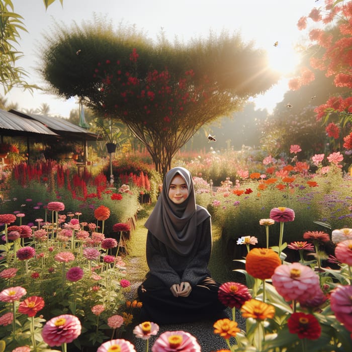 Serene Girl in Hijab Surrounded by Blooming Flowers