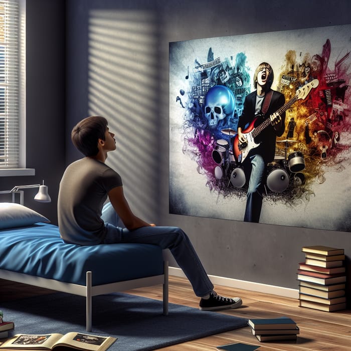 Hispanic Male Teenager Mesmerized by Vibrant Rock Poster