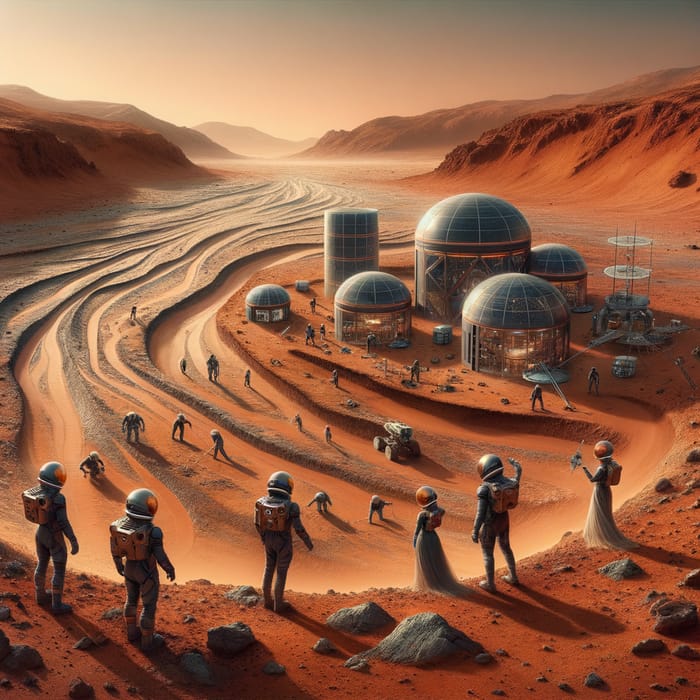Mars Colony: Diverse Explorers in Dry Riverbed on Red Planet