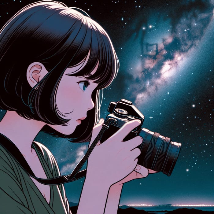 Short Hair Girl Shooting Milky Way Photo at Midnight