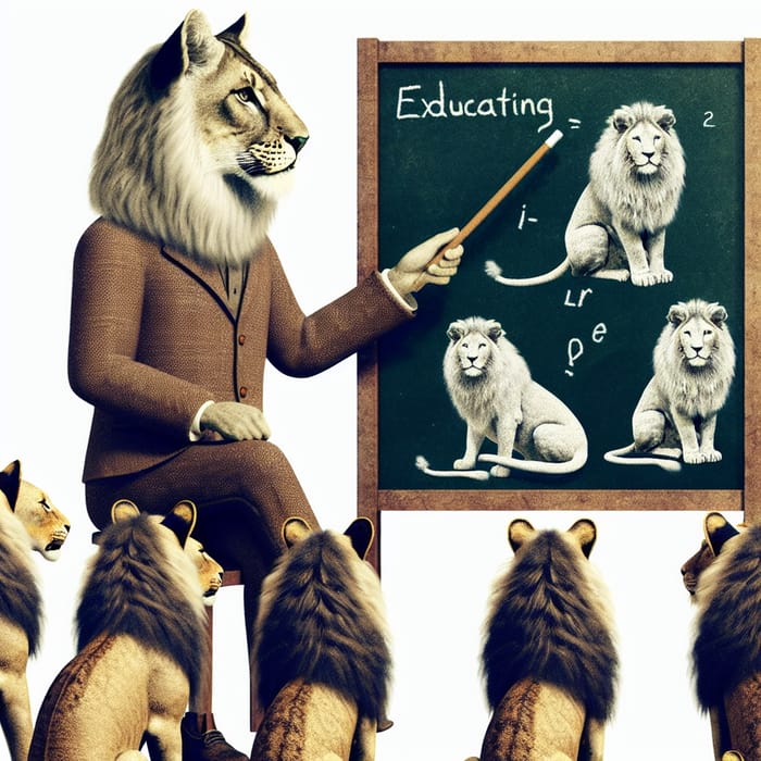 Cat Teaching on Blackboard to Lions
