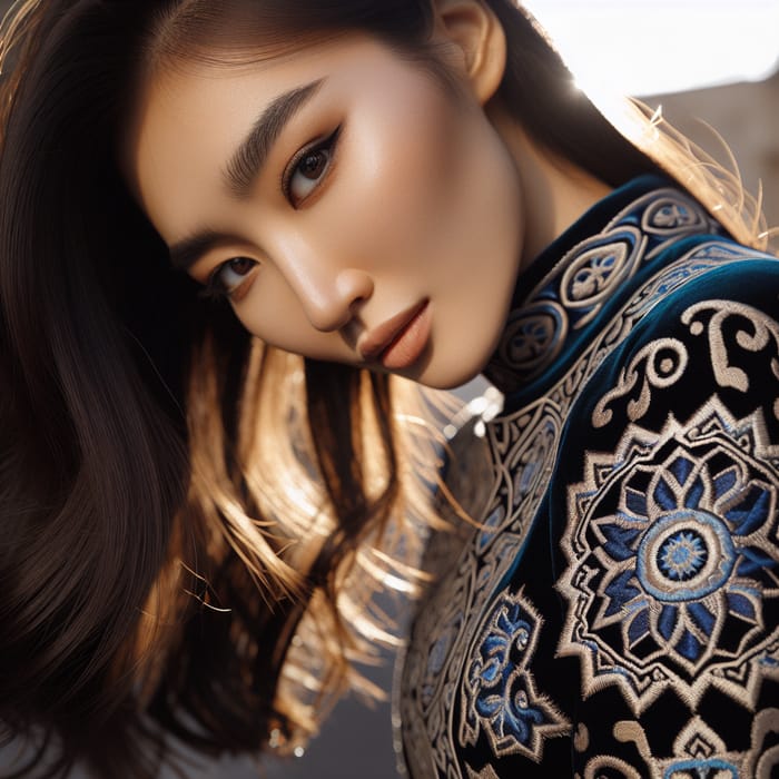 Asian Girl in Elegant Dark Blue Kazakh Dress
