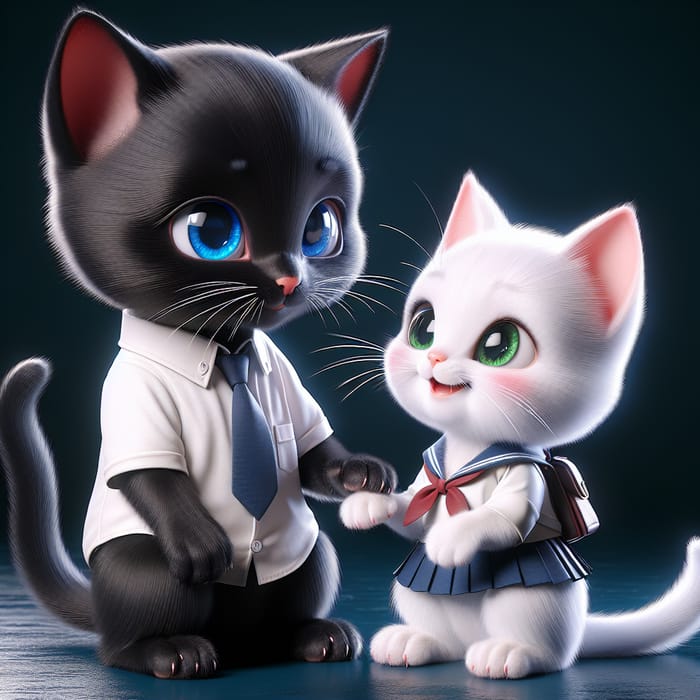 Adorable Cartoon Black and White Cats in School Uniforms