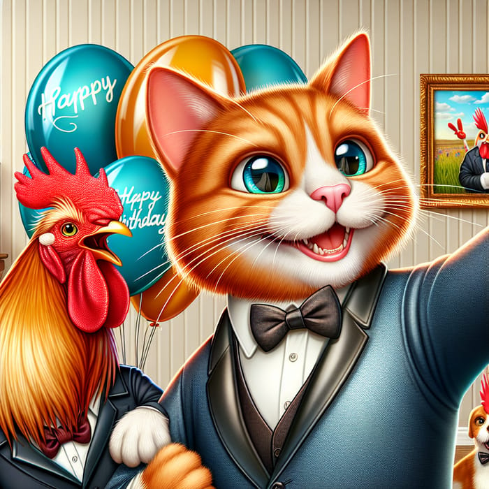 Realistic British Cat in Tuxedo Taking Selfie with Rooster | Birthday Celebration