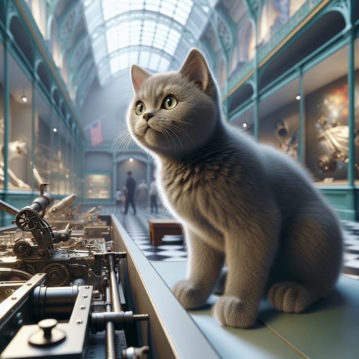 Hyperrealistic Scene: Grey British Shorthair Kitten in Space Museum
