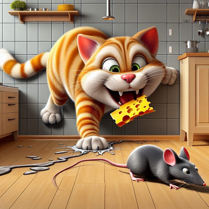 Charming Cartoon Cat Chasing Gray Mouse in Kitchen