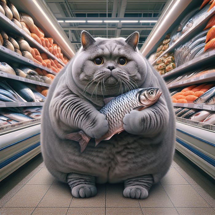 Adorable Grey British Shorthair Cat in Supermarket Scene