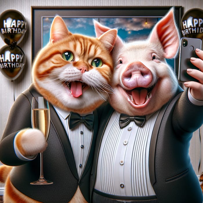 Realistic British Cat and Pig in Tuxedo Selfie with Dog | Birthday Celebration