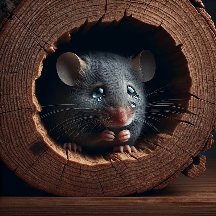 Professional Gray Mouse in Cozy Wooden Burrow Shedding Tears - Hyperrealism