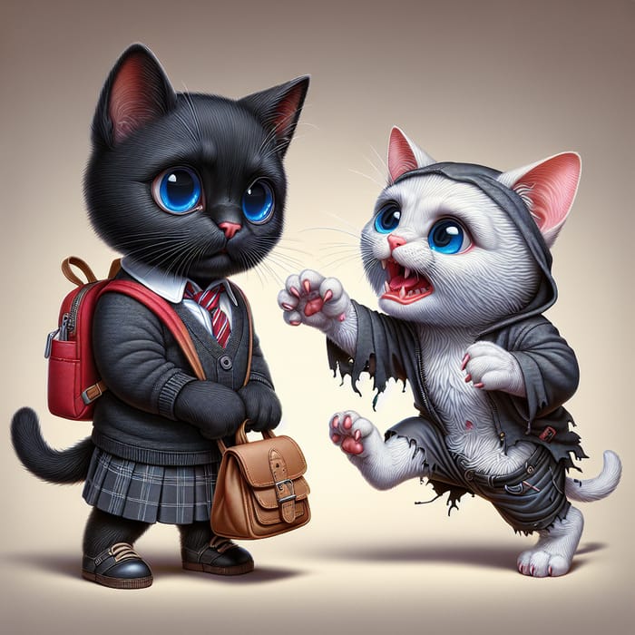 Realistic Cartoon Black British Cat in School Uniform with Red Backpack