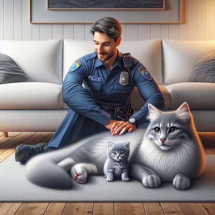 Beautiful Gray Cat and Kitten Relaxing on White Sofa in Cozy Living Room with Policeman