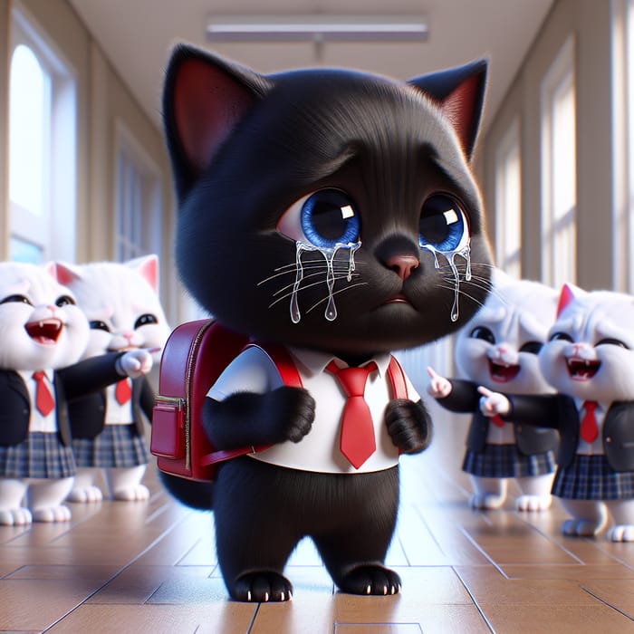 Cartoon Black British Cat in School Uniform with Red Backpack Crying